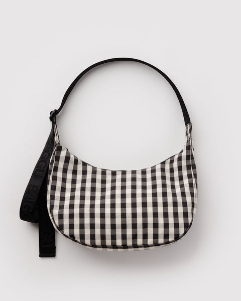 BAGGU Nylon Crescent Bags Medium Nylon Crescent Bag - Black and Cream Gingham
