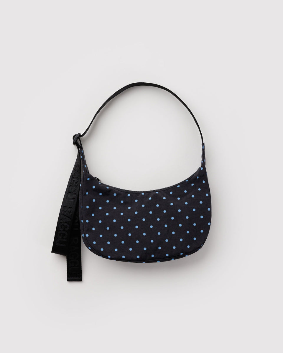 BAGGU Black Bags Small Nylon Crescent Bag - Black and Sky Blue Micro Dot