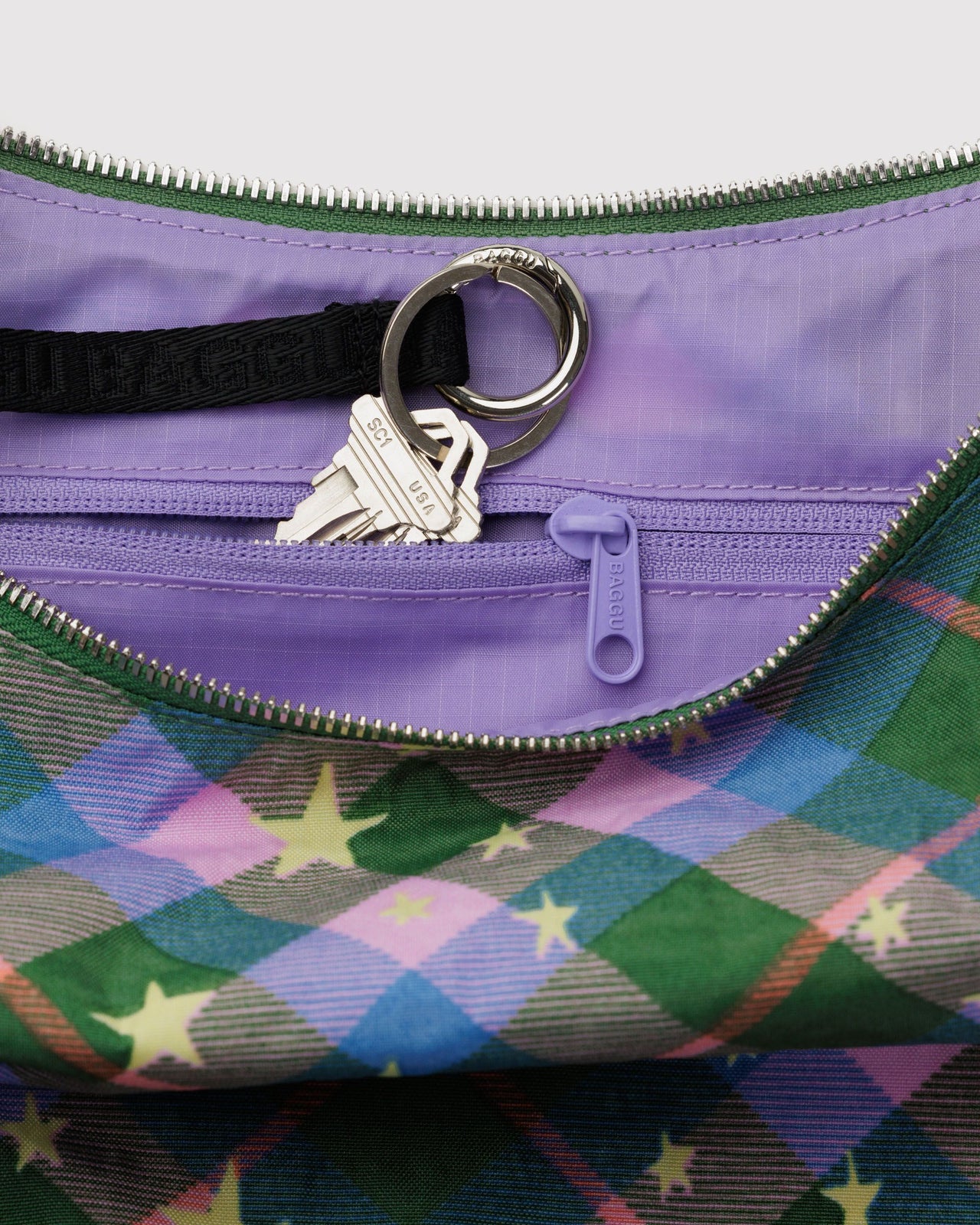 Medium Nylon Crescent Bag - Green Star Plaid