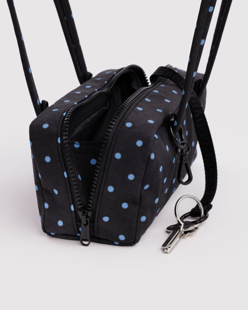 BAGGU Black Bags Small Nylon Bowler Bag - Black and Sky Blue Micro Dot