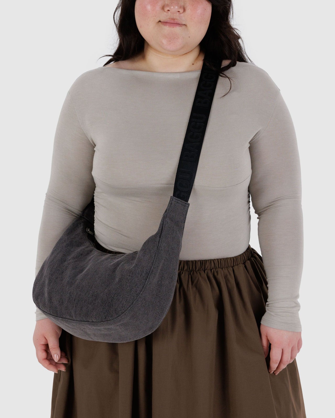 Medium Denim Crescent Bag - Washed Black Denim