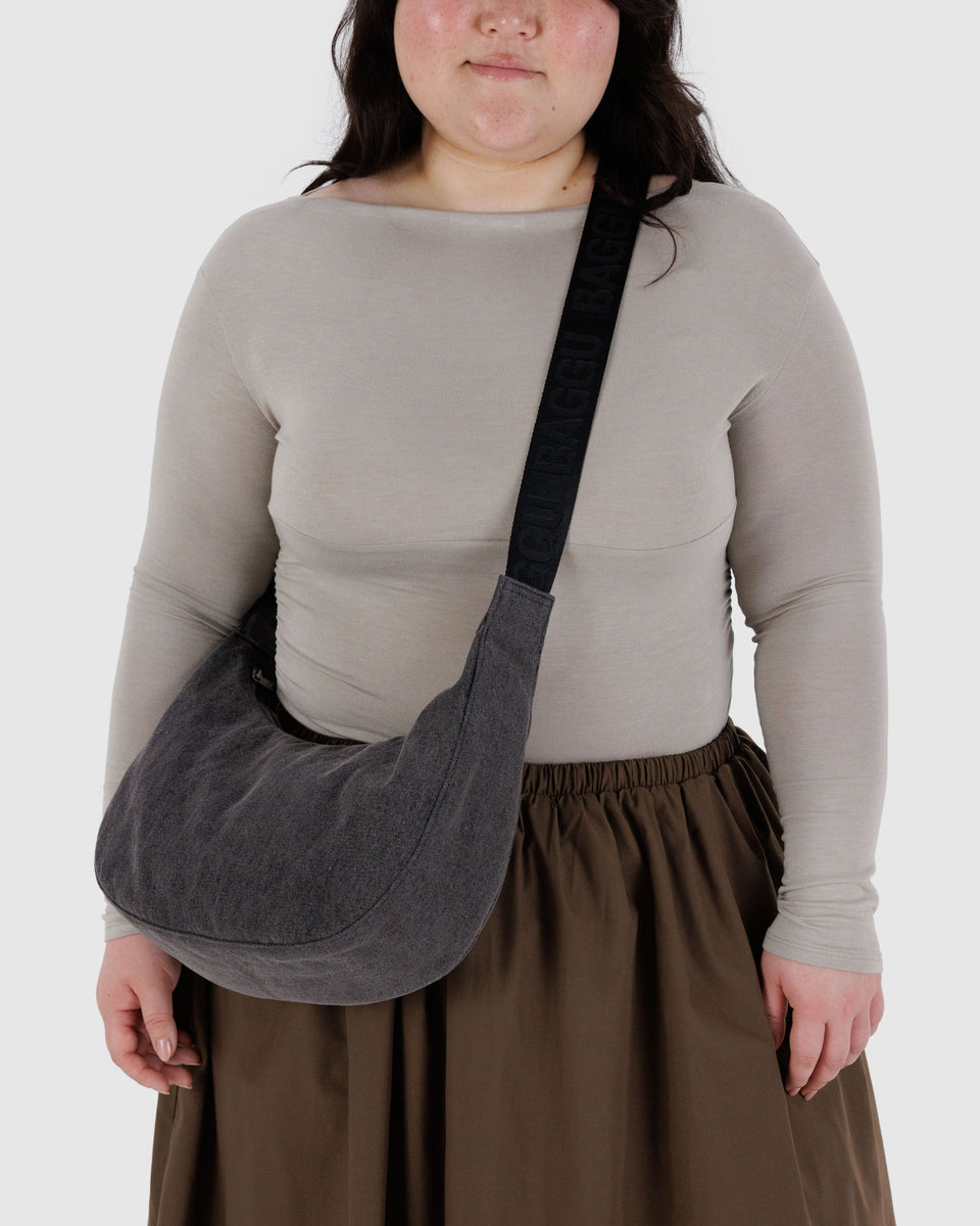 BAGGU Products Medium Denim Crescent Bag - Washed Black Denim