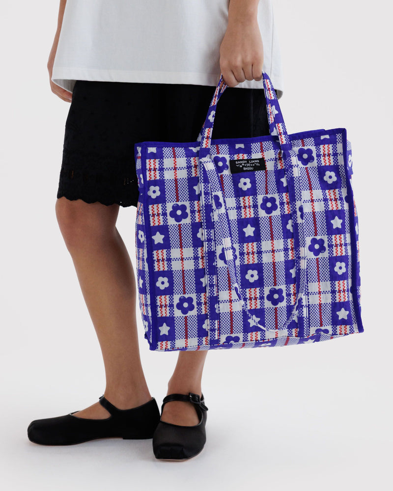 BAGGU  Large Nylon Market Bag - Market Plaid Blue