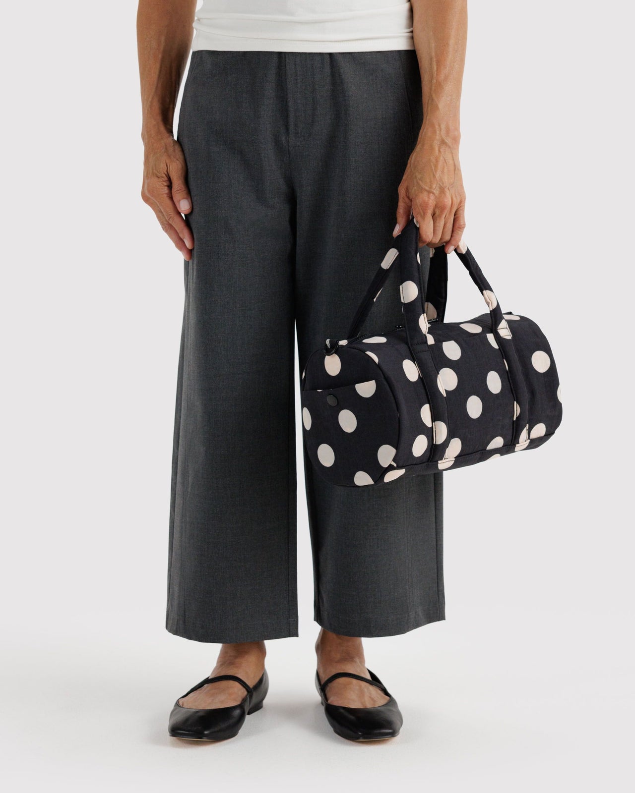 Nylon Duffle Bag - Black and Cream Polka Dot