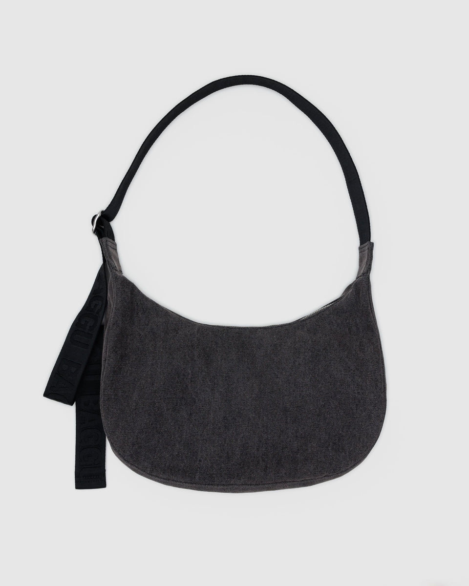 BAGGU Returnly Test Medium Denim Crescent Bag - Washed Black Denim