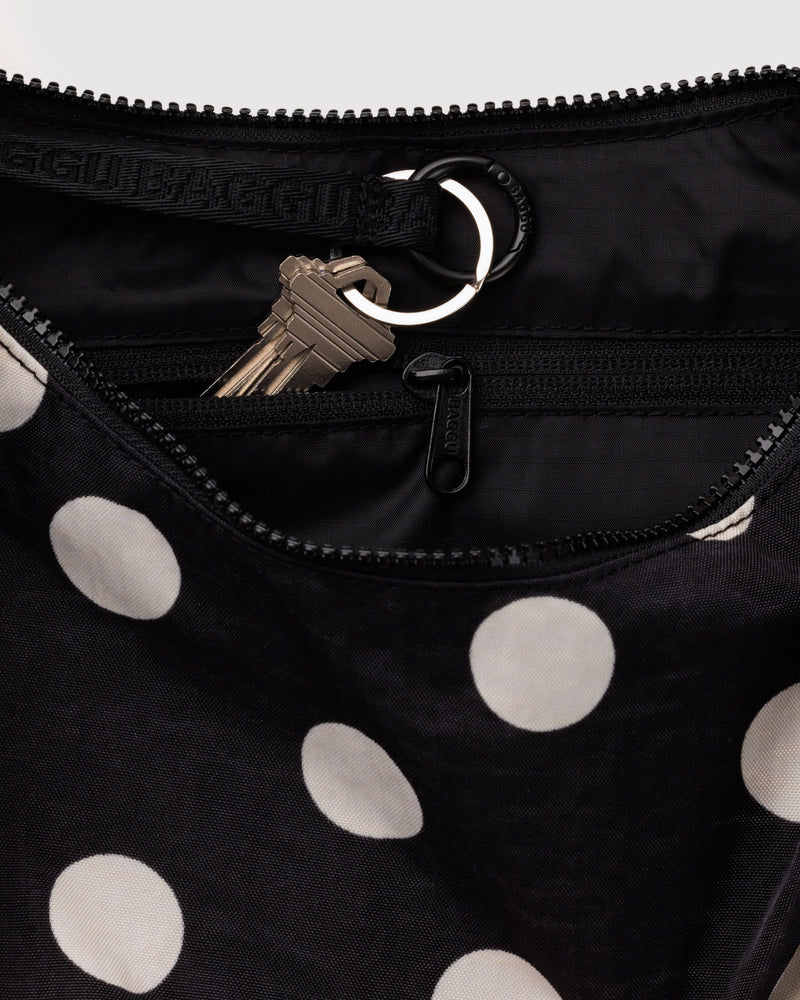 BAGGU Medium Nylon Crescent Bag Medium Nylon Crescent Bag - Black and Cream Polka Dot