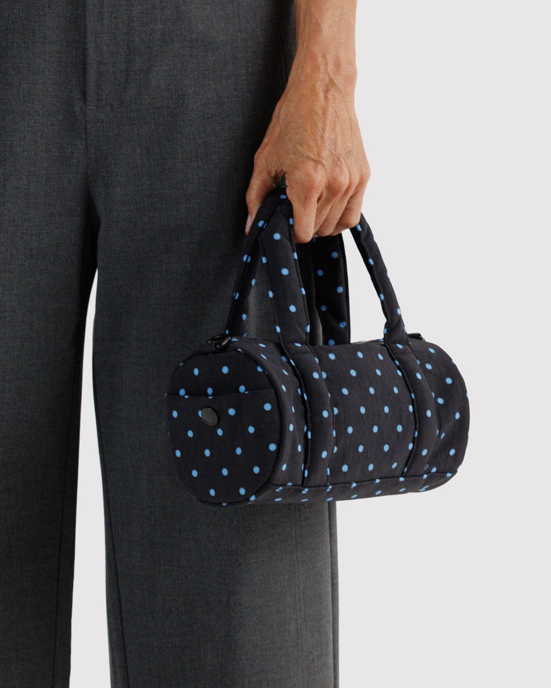 BAGGU Black Bags Small Nylon Duffle Bag - Black and Sky Blue Micro Dot