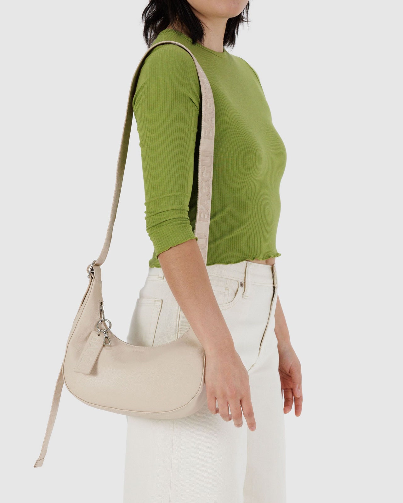 Small Recycled Leather Crescent Bag - Stone