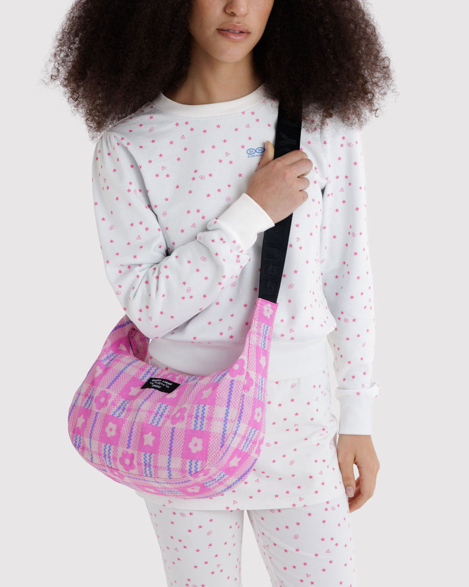 BAGGU New Arrivals Medium Nylon Crescent Bag - Market Plaid Pink