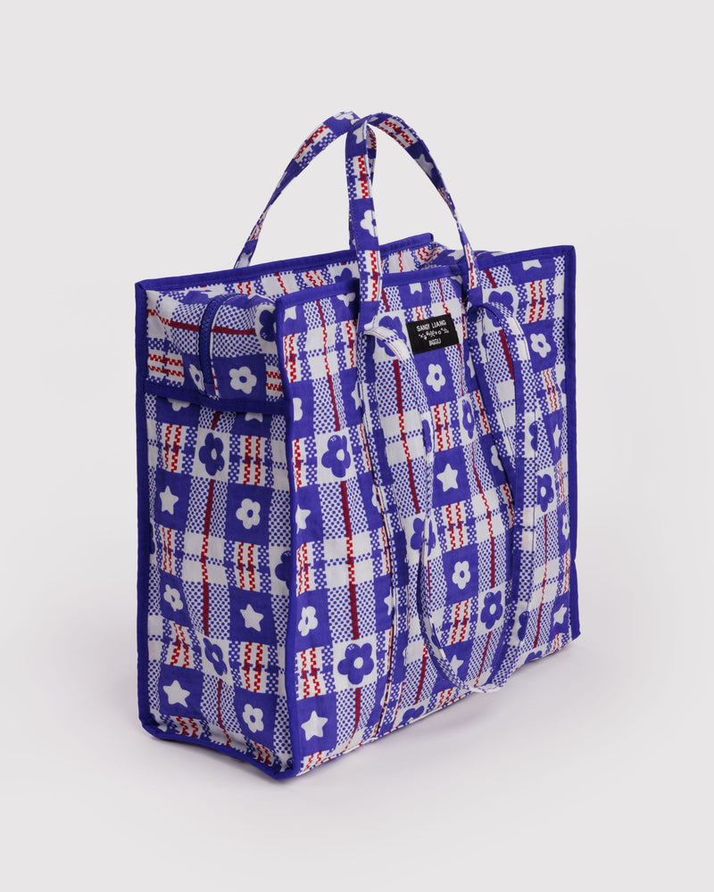 BAGGU  Large Nylon Market Bag - Market Plaid Blue