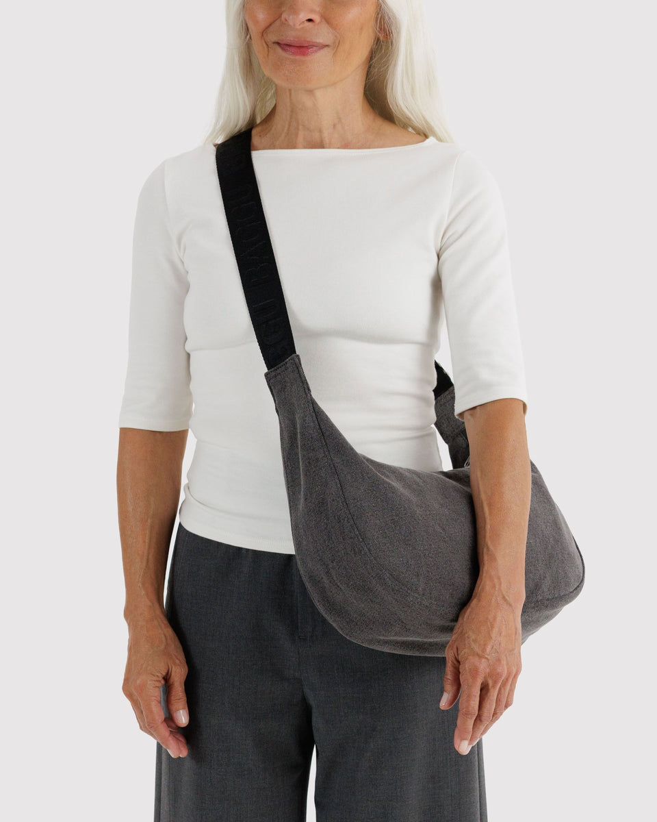 BAGGU Returnly Test Medium Denim Crescent Bag - Washed Black Denim