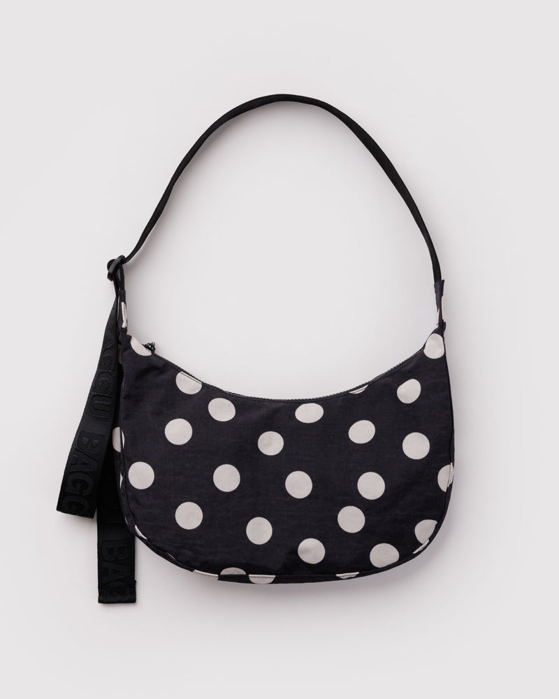 BAGGU Medium Nylon Crescent Bag Medium Nylon Crescent Bag - Black and Cream Polka Dot