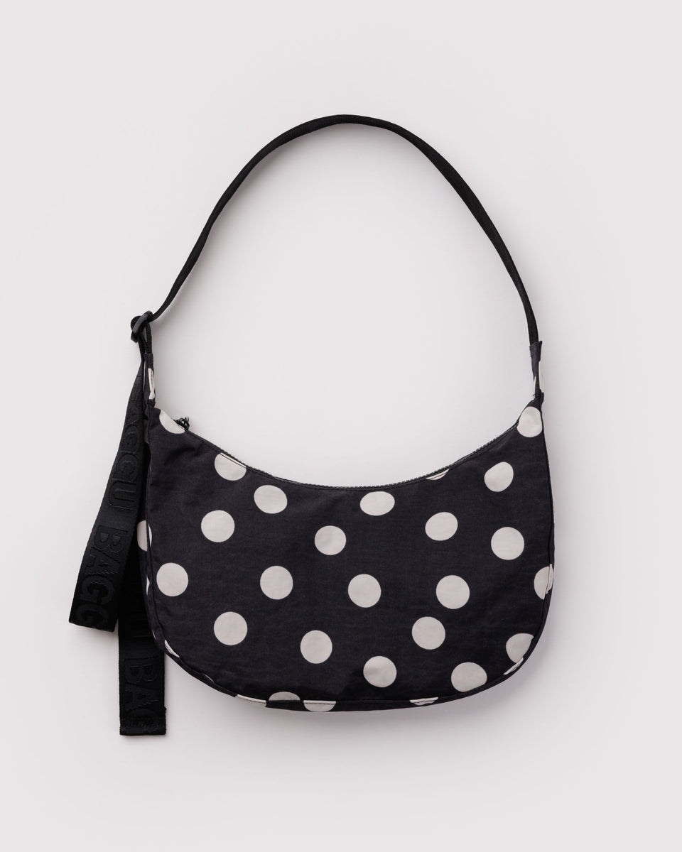 BAGGU Medium Nylon Crescent Bag Medium Nylon Crescent Bag - Black and Cream Polka Dot