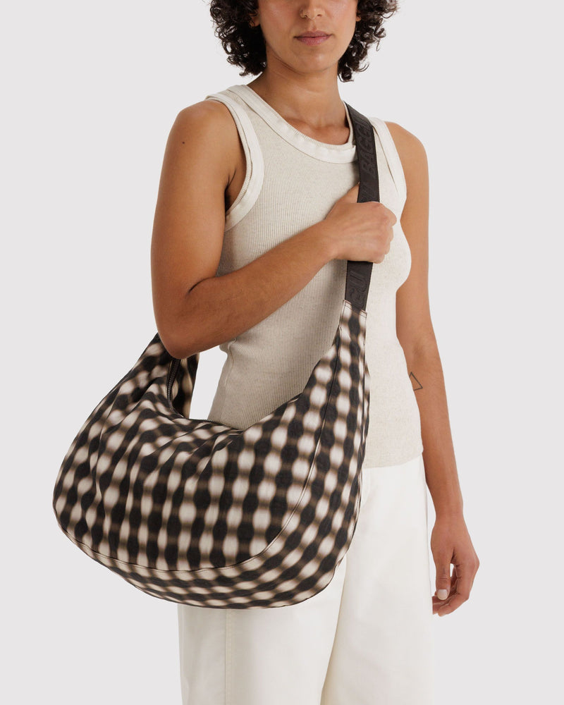 BAGGU  Large Nylon Crescent Bag - Blurred Gingham Brown