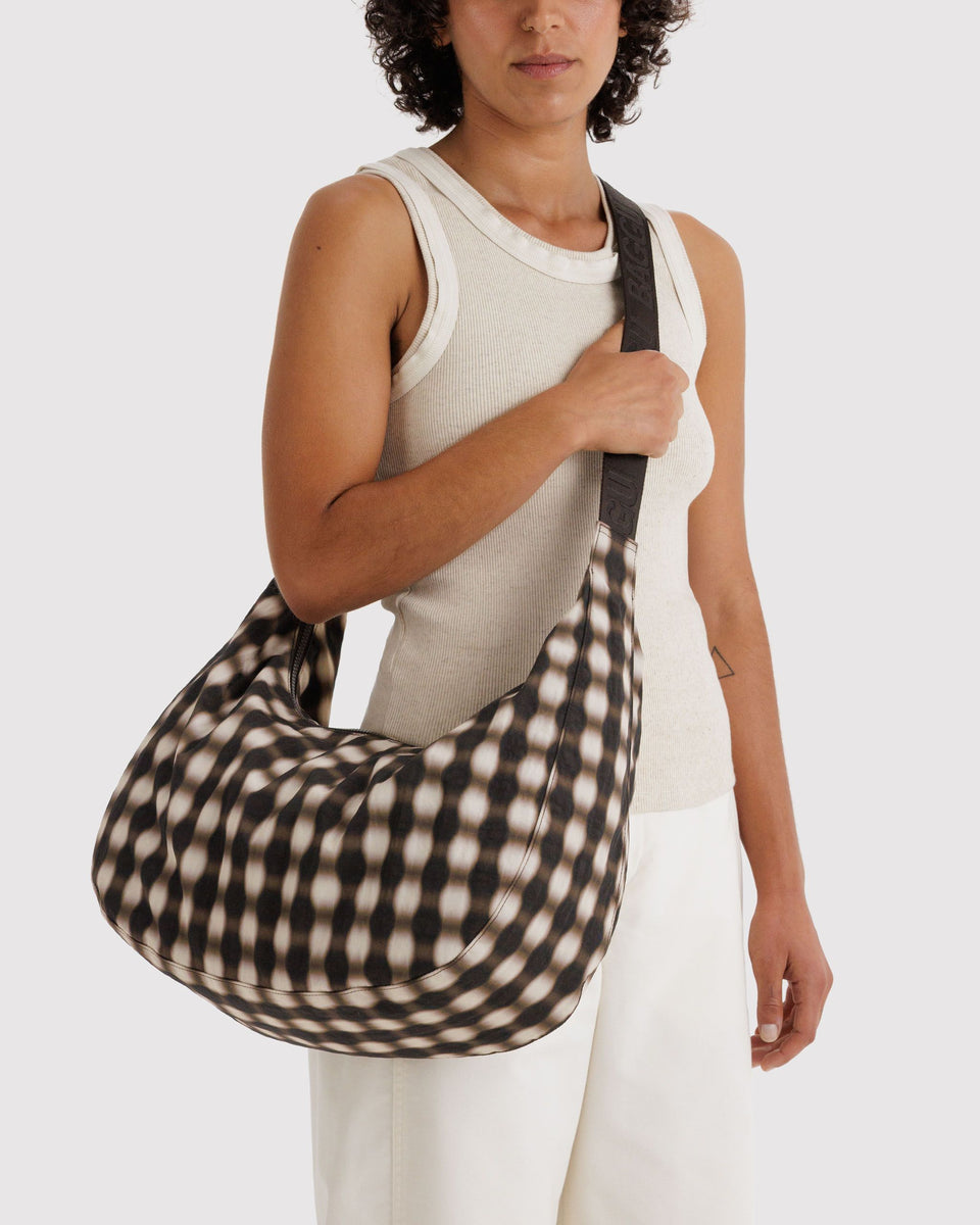BAGGU Products Large Nylon Crescent Bag - Blurred Gingham Brown