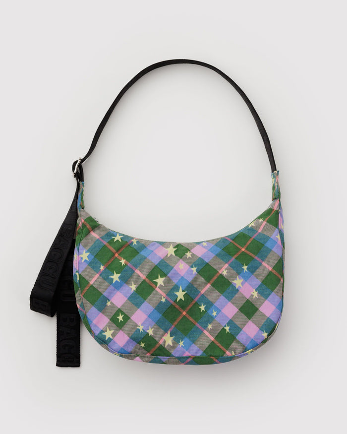 BAGGU Crossbody Bags Medium Nylon Crescent Bag - Green Star Plaid