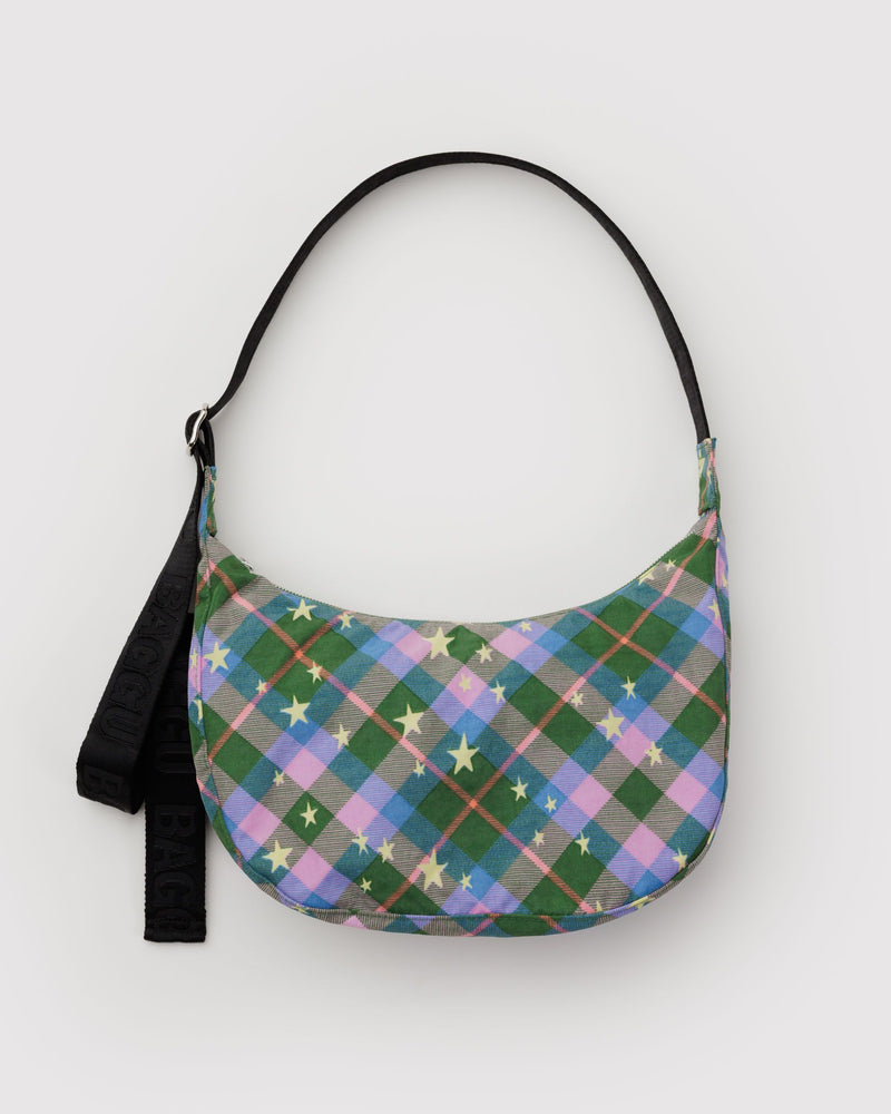 BAGGU Crossbody Bags Medium Nylon Crescent Bag - Green Star Plaid
