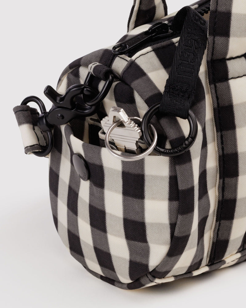BAGGU Black Bags Small Nylon Duffle Bag - Black and Cream Gingham
