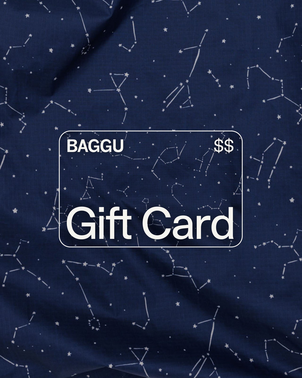 A digital gift card with a constellation pattern and the text 'BAGGU' and '$' symbol indicating it's a gift card.