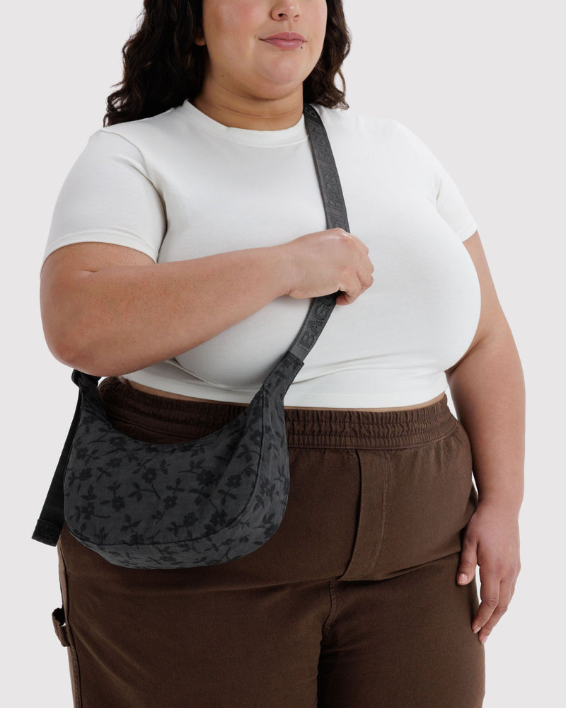 BAGGU  Small Nylon Crescent Bag - Charcoal Ditsy Floral