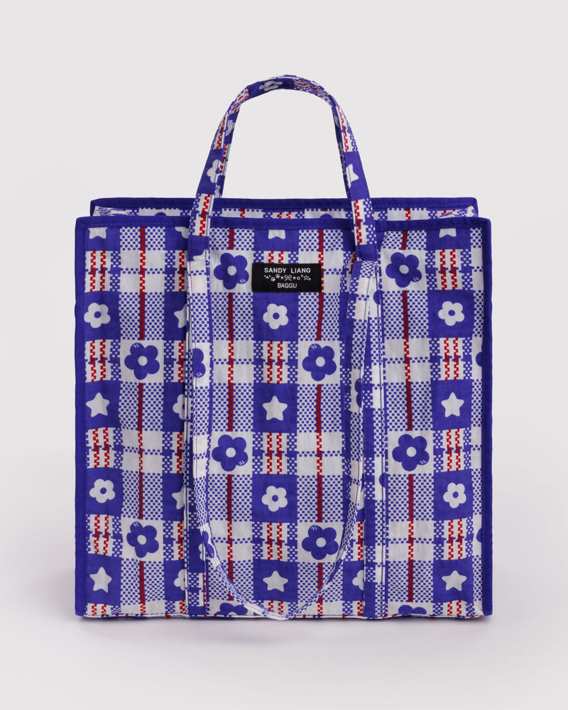 BAGGU  Large Nylon Market Bag - Market Plaid Blue