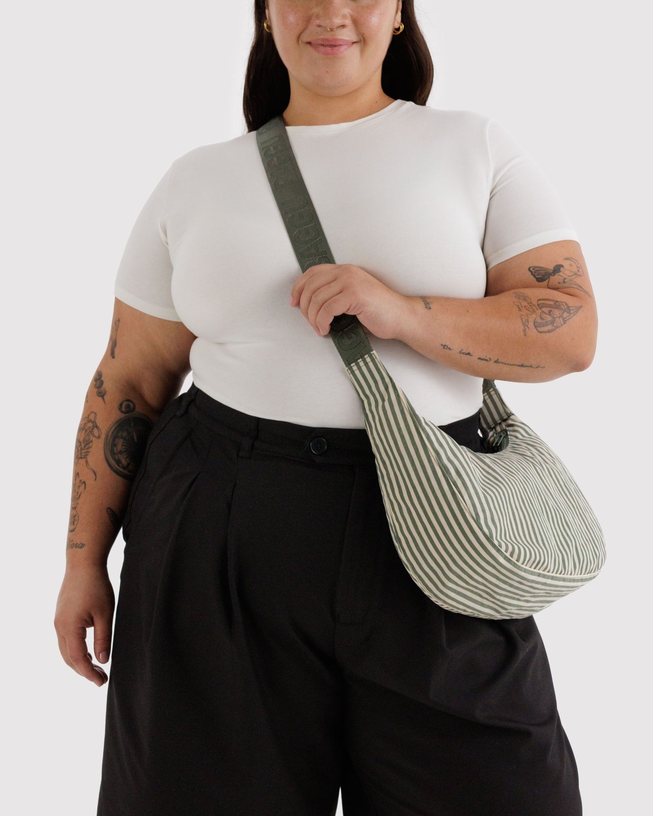 Medium Nylon Crescent Bag - Sage Stripe