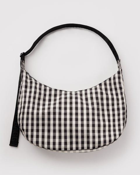 BAGGU Nylon Crescent Bags Large Nylon Crescent Bag - Black and Cream Gingham