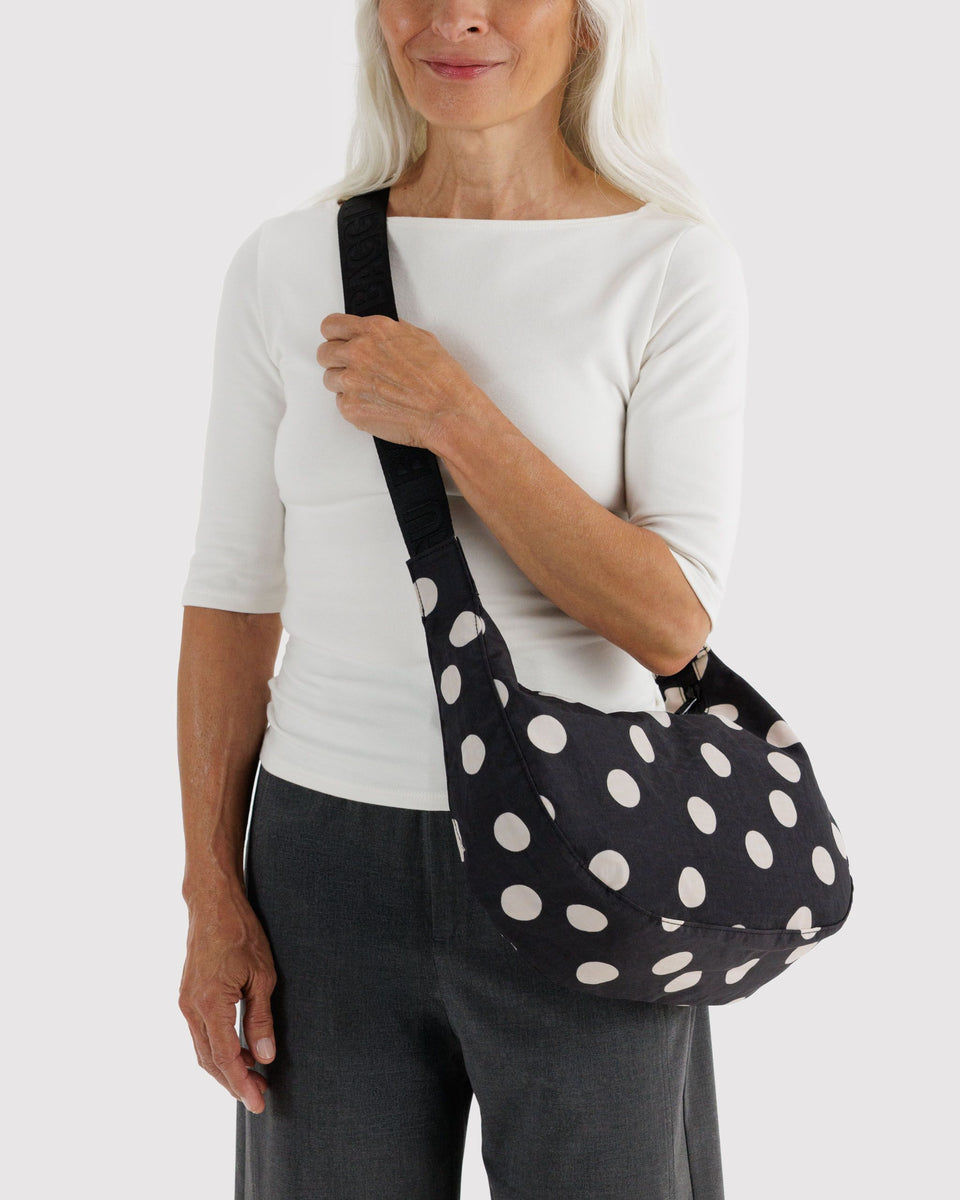 BAGGU Medium Nylon Crescent Bag Medium Nylon Crescent Bag - Black and Cream Polka Dot