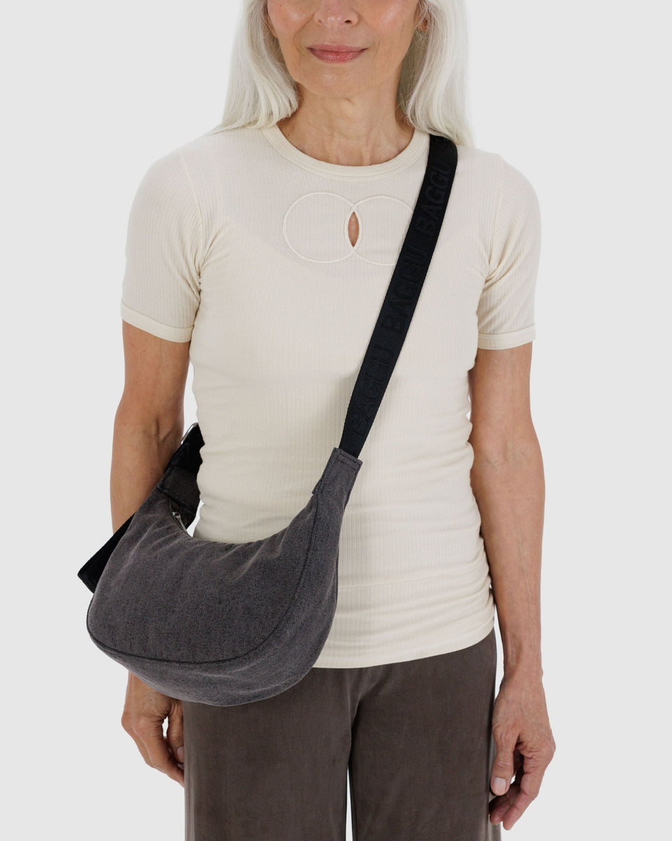 BAGGU Products Small Denim Crescent Bag - Washed Black Denim