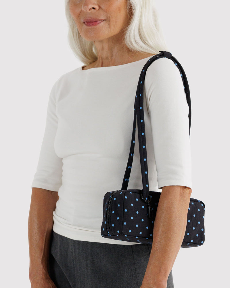 BAGGU Black Bags Small Nylon Bowler Bag - Black and Sky Blue Micro Dot