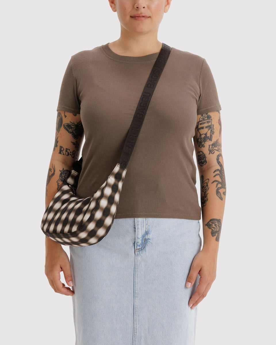 BAGGU Products Small Nylon Crescent Bag - Blurred Gingham Brown