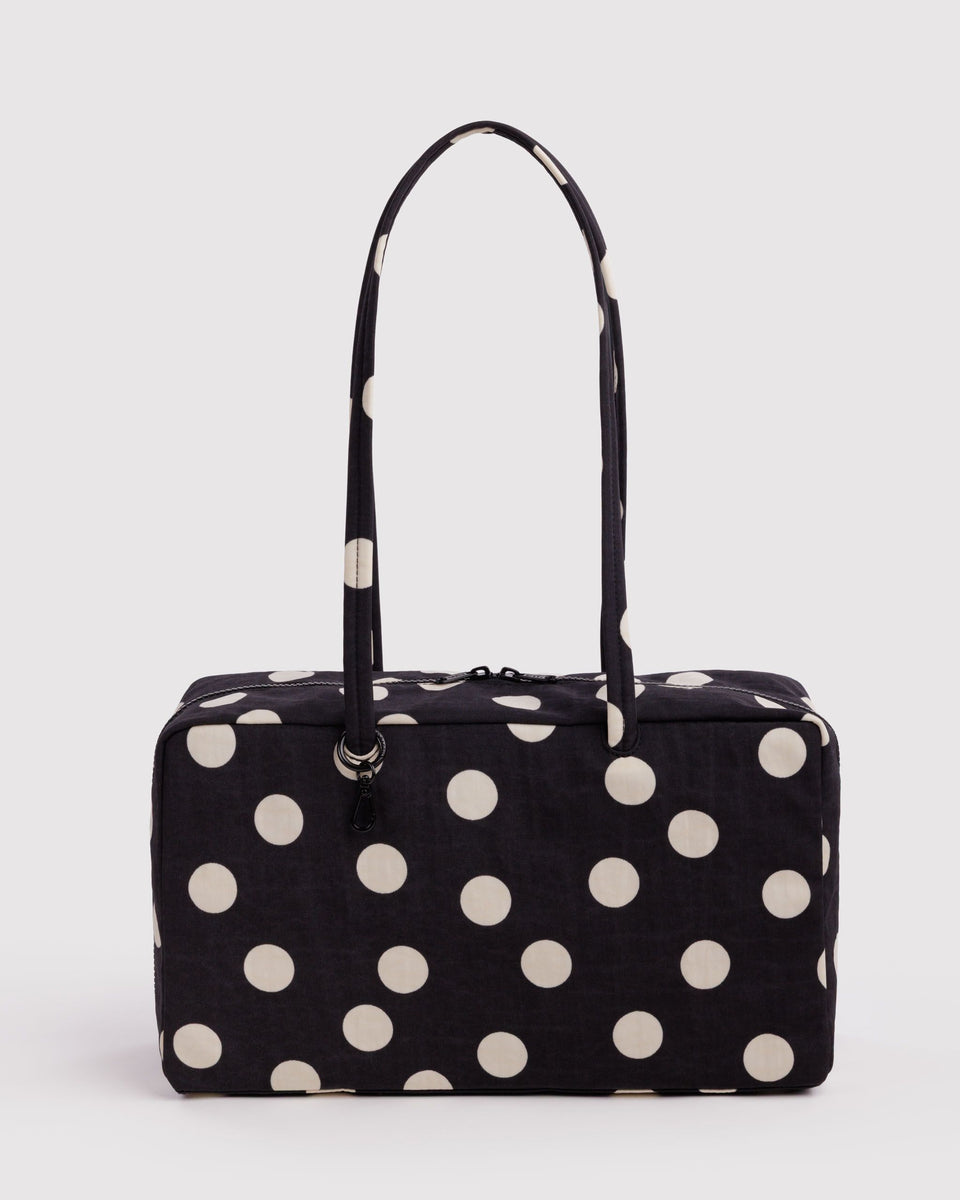 BAGGU Black Bags Medium Nylon Bowler Bag - Black and Cream Polka Dot