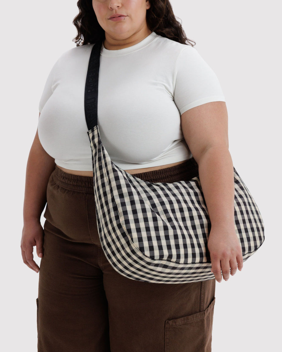 BAGGU Black Bags Large Nylon Crescent Bag - Black and Cream Gingham