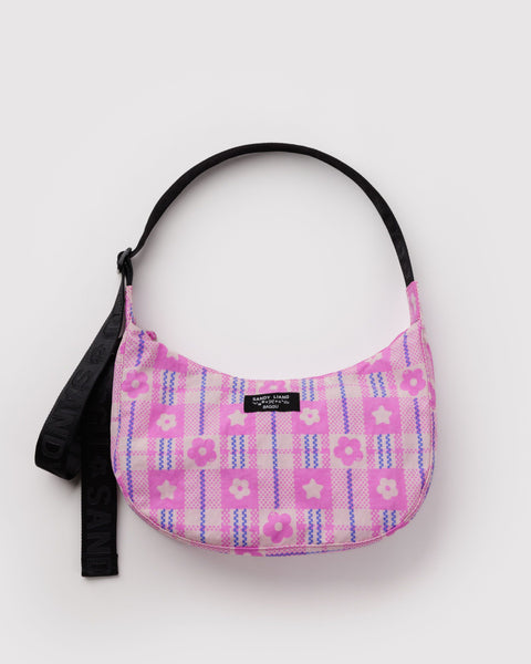 BAGGU New Arrivals Medium Nylon Crescent Bag - Market Plaid Pink