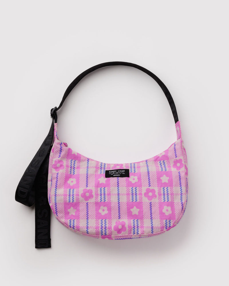 BAGGU  Medium Nylon Crescent Bag - Market Plaid Pink