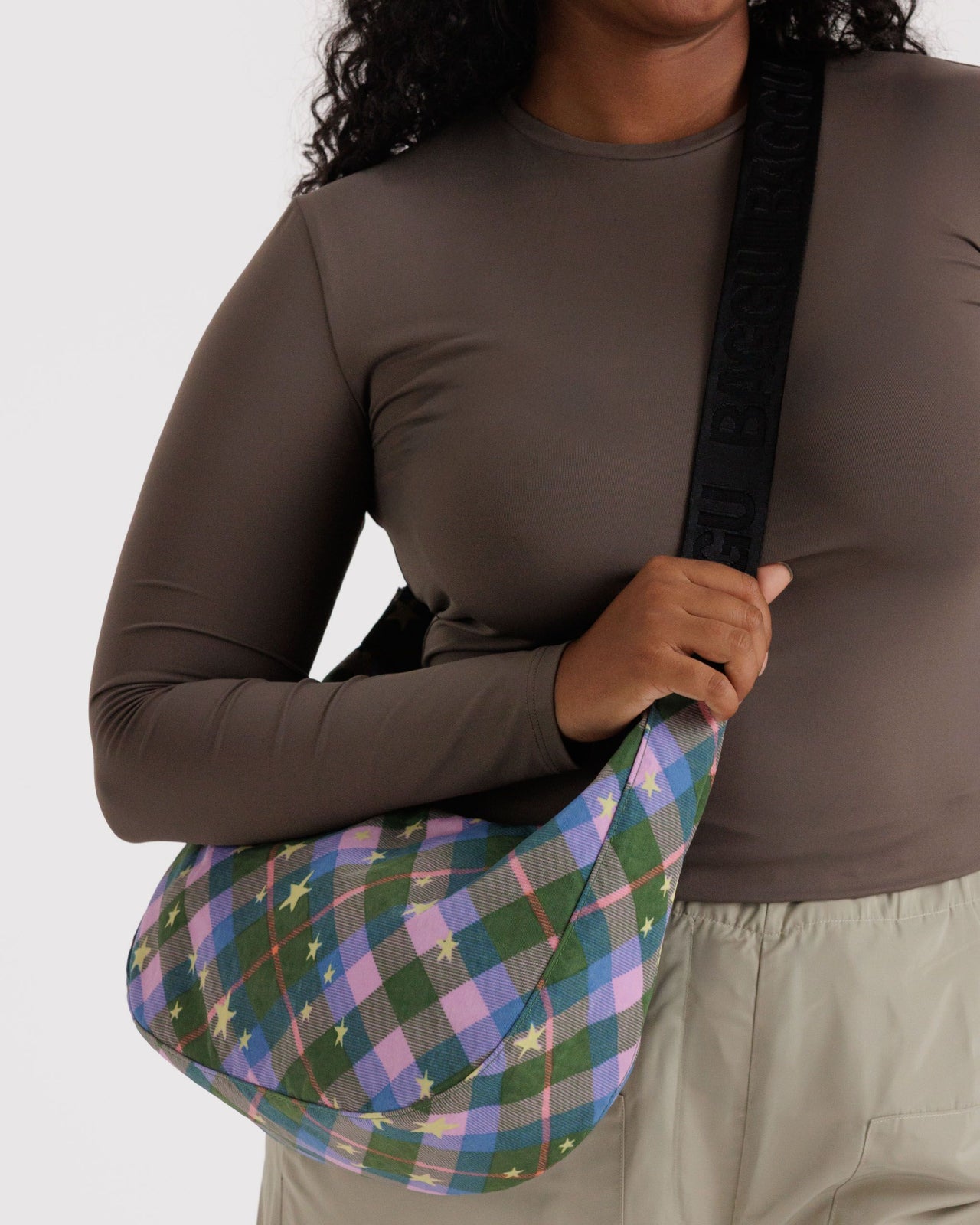 Medium Nylon Crescent Bag - Green Star Plaid